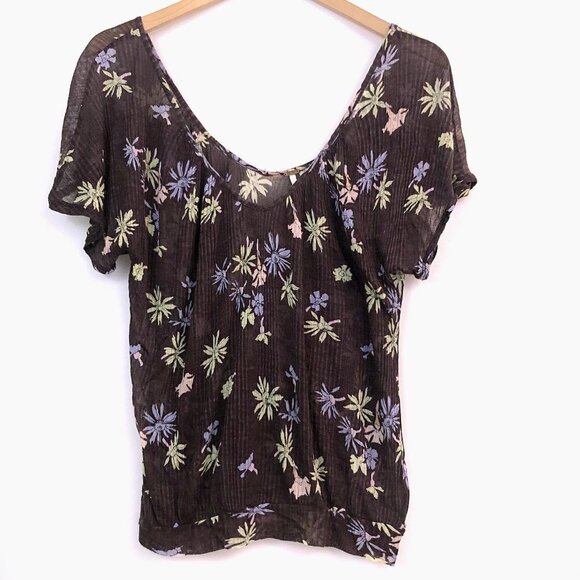 FREE PEOPLE Brown Periwinkle Floral Ribbed Knit V-Neck Short Sleeve Y2K Blouse - Picture 2 of 11